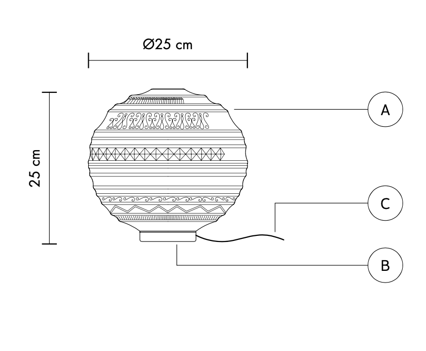 Technical drawing of a decorative lamp with dimensions and labeled parts on a white background