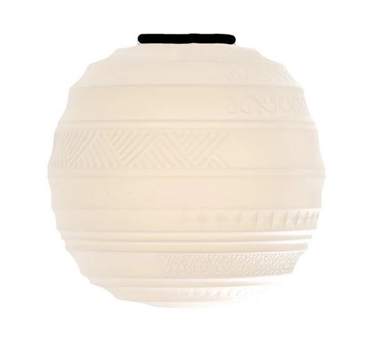 Textured cream-colored lampshade with a silver rim on a white background