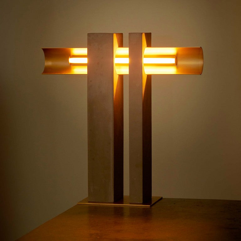 DCW Editions Pi Cauvet table lamp, brass and bronze, with warm light bulb