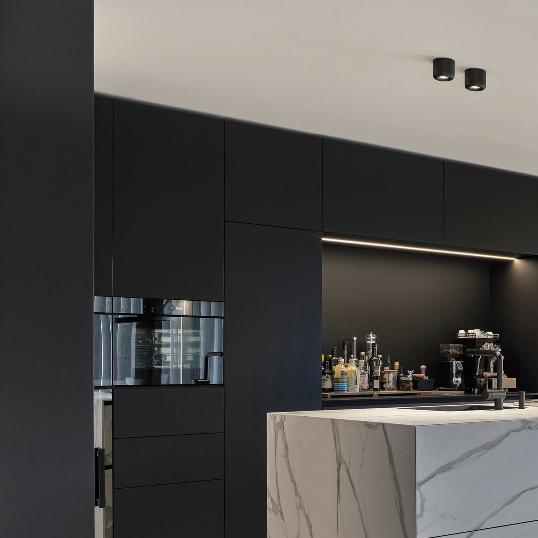 Cavity Black Spot Light In Situ Over Marble Kitchen Island