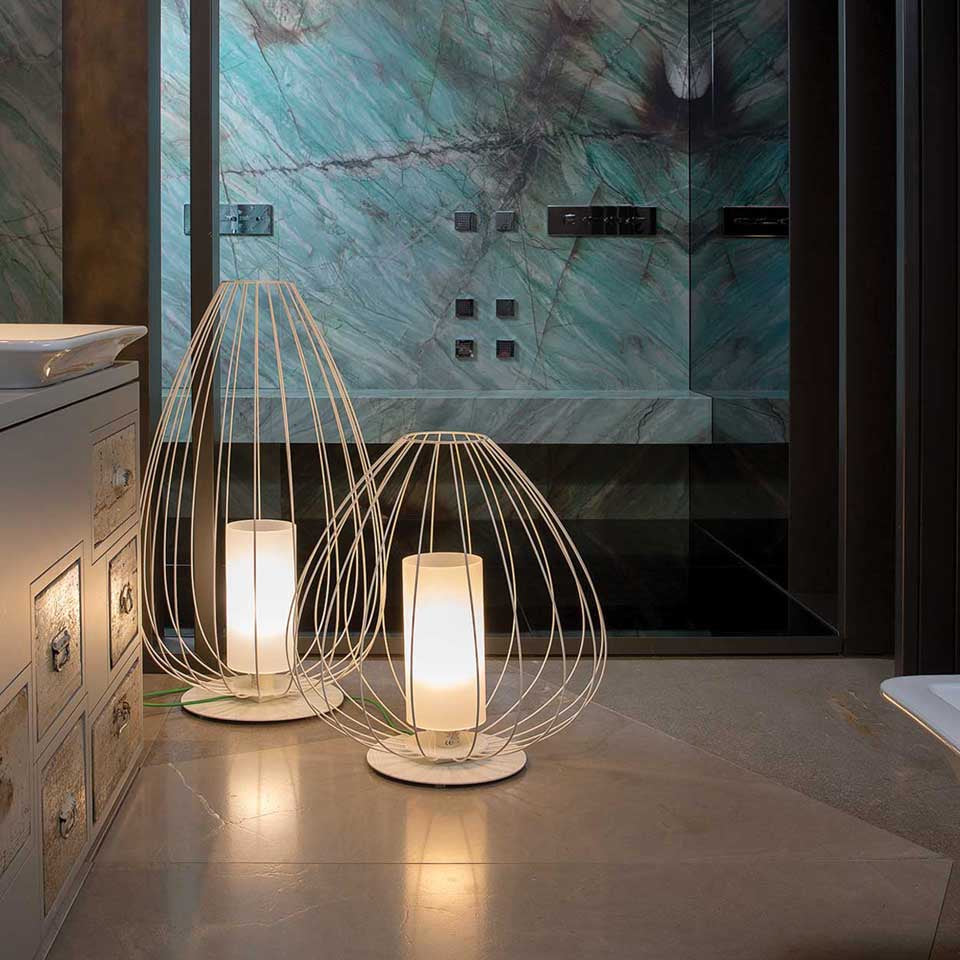 Cell Floor Lamp, Wide, 89 cm H, Bronze Metal with White Linen, E27, IP20