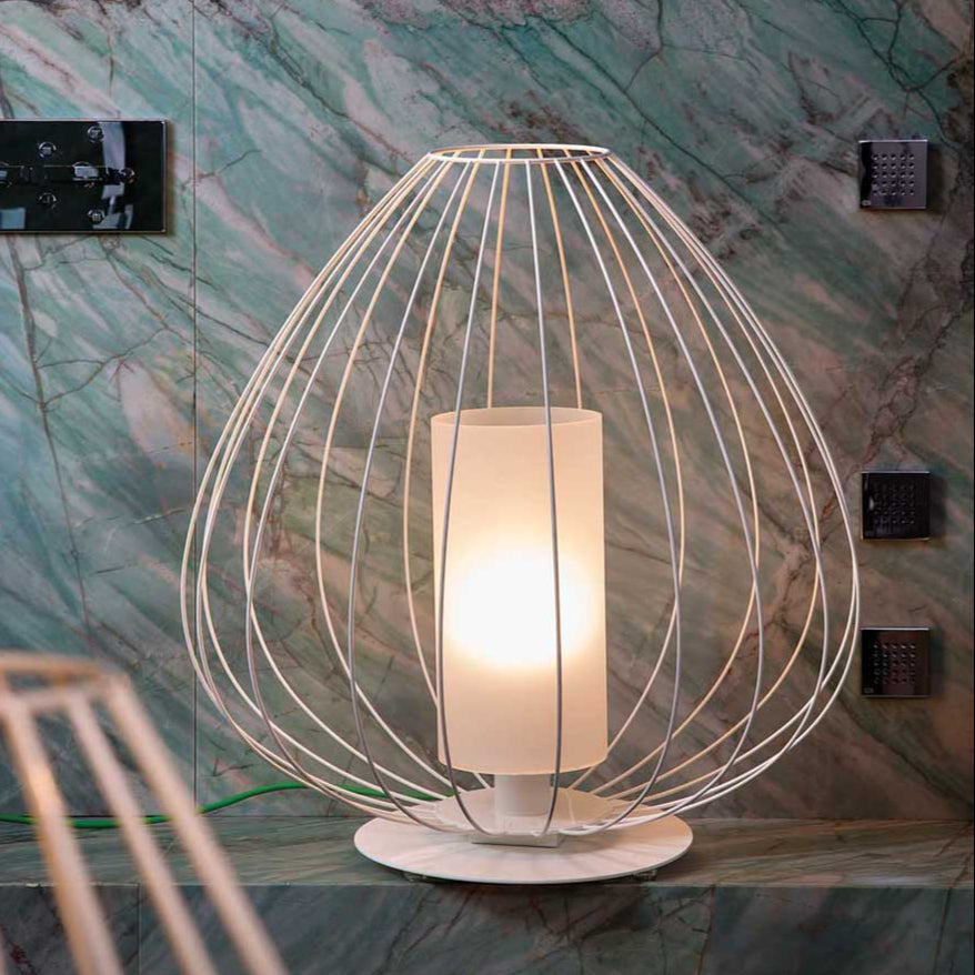 Cell Table Lamp, Tall, 58 cm H, Bronze Metal with White Linen, E27, IP20