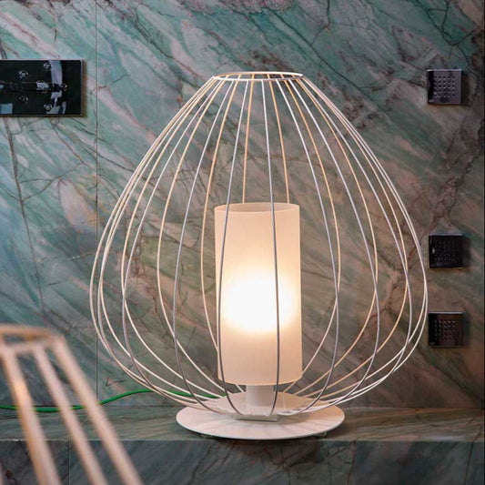 Cell Table Lamp, Wide, 62 cm H, White Metal with White Linen, E27, IP20