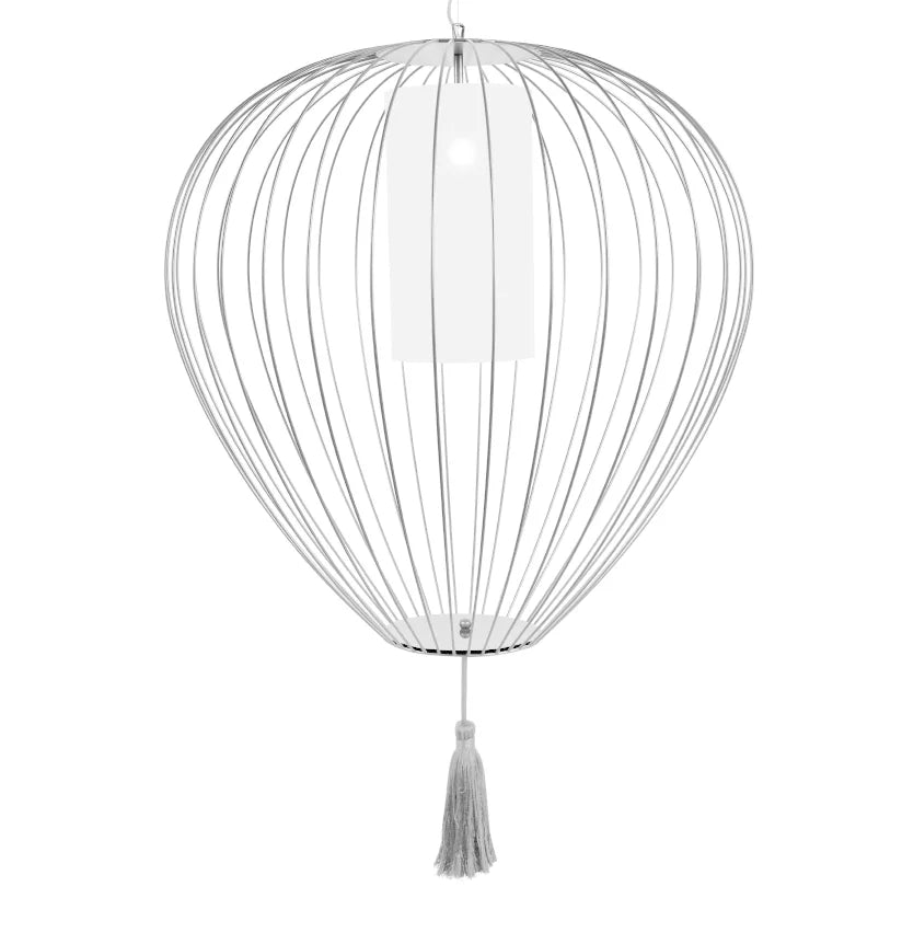 Cell Pendant Lamp, Wide, 59 cm H, White Metal with White Linen and White Tassel, E27, IP20