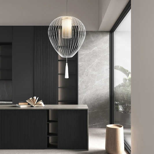 Cell Pendant Lamp, Wide, 89 cm H, White Metal with White Linen and White Tassel, E27, IP20