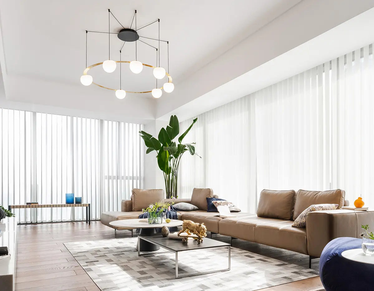 Circ Round Pendant, 7 Lights, White Glass with Gold Hardware, Surface Mount, LED, Triac Dim, IP20