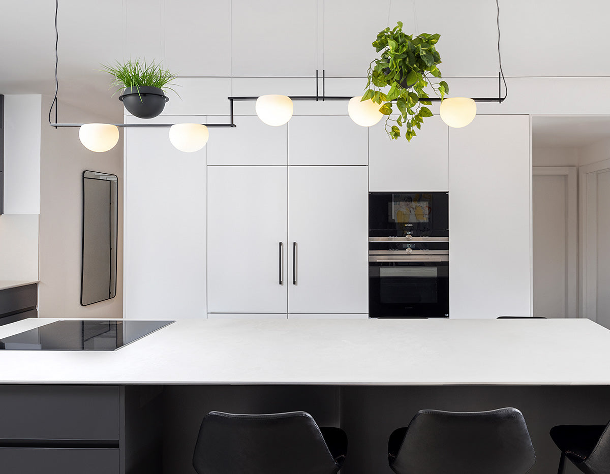 Circ Linear Pendant, 1 Light, White Glass with Black Hardware, Recessed Mount, LED, Triac Dim, IP20