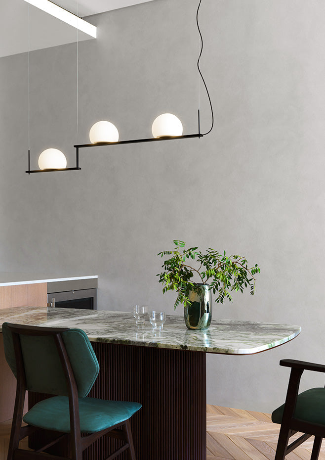Circ Linear Pendant, Adjustable, 3 Lights, White Glass with Black Hardware, Recessed Mount, LED, Triac Dim, IP20