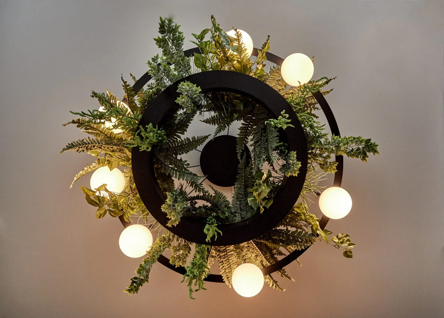 Circ Round Pendant, 7 Lights, White Glass with Gold Hardware and Faux Greenery, Surface Mount, LED, Triac Dim, IP20