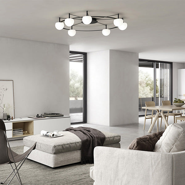 Circ Round Pendant, 7 Lights, White Glass with Black Hardware, Recessed Mount, LED, Triac Dim, IP20