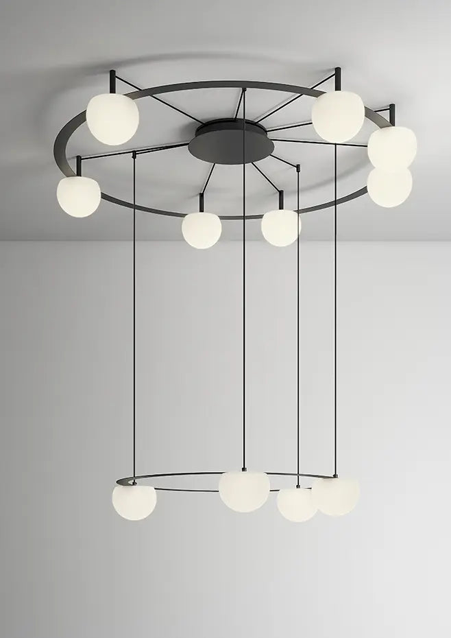 Circ Round Pendant, 2 Tiers, 4 + 7 Lights, White Glass with Gold Hardware, Surface Mount, LED, Triac Dim, IP20