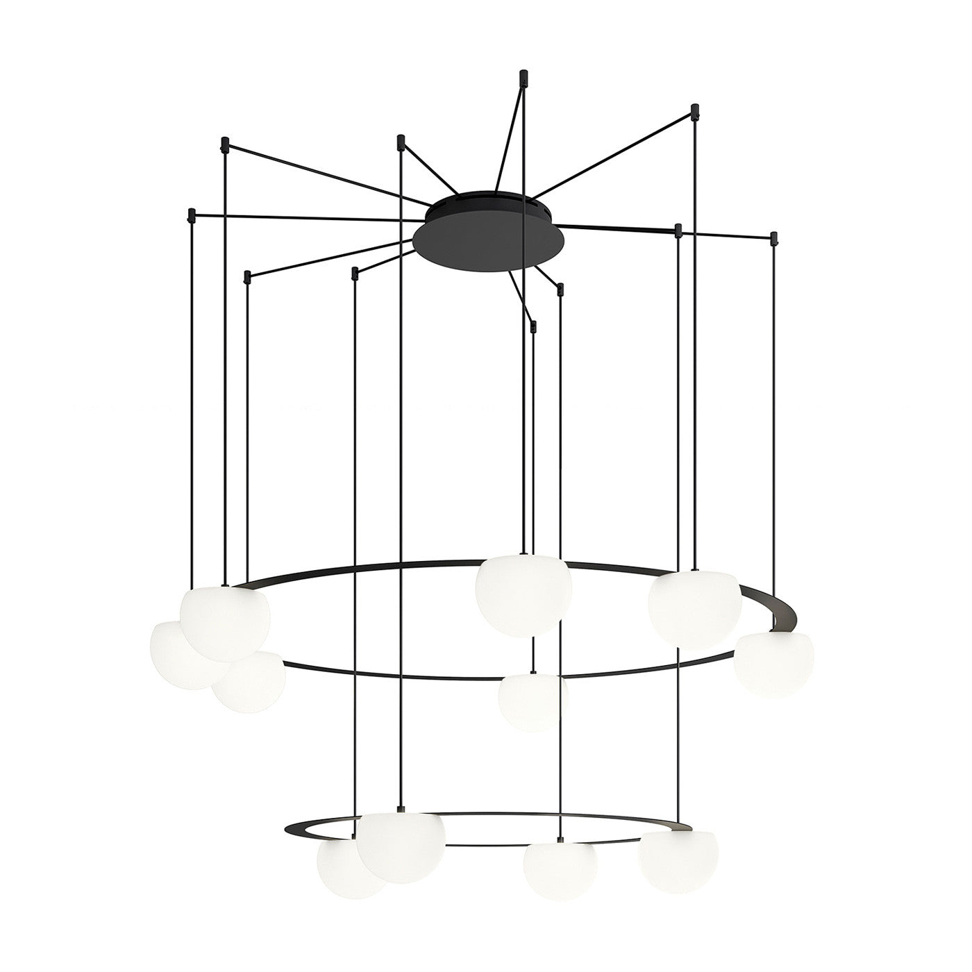 Circ Round Pendant, 2 Tiers, 4 + 7 Lights, White Glass with Gold Hardware, Recessed Mount, LED, Triac Dim, IP20