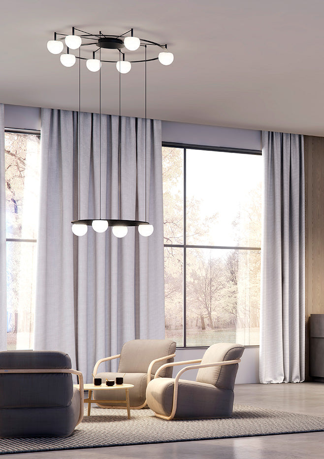Circ Round Pendant, 2 Tiers, 4 + 7 Lights, White Glass with Gold Hardware, Surface Mount, LED, Triac Dim, IP20