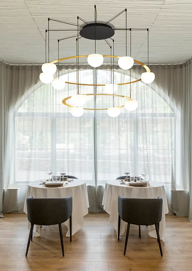 Circ Round Pendant, 2 Tiers, 4 + 7 Lights, White Glass with Gold Hardware, Surface Mount, LED, Triac Dim, IP20