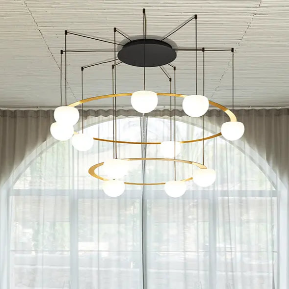 Circ Round Pendant, 2 Tiers, 4 + 7 Lights, White Glass with Gold Hardware, Surface Mount, LED, Triac Dim, IP20