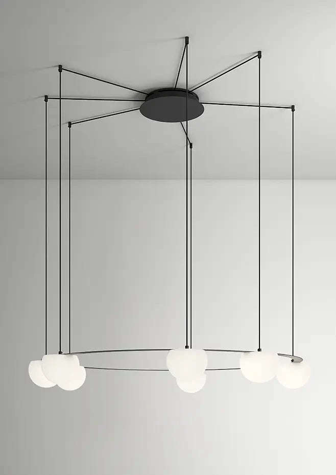 Circ Round Pendant, 7 Lights, White Glass with Gold Hardware, Surface Mount, LED, Triac Dim, IP20