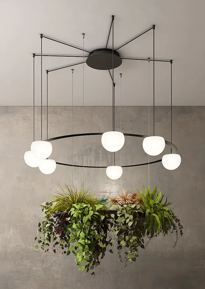 Circ Round Pendant, 7 Lights, White Glass with Gold Hardware and Faux Greenery, Surface Mount, LED, Triac Dim, IP20