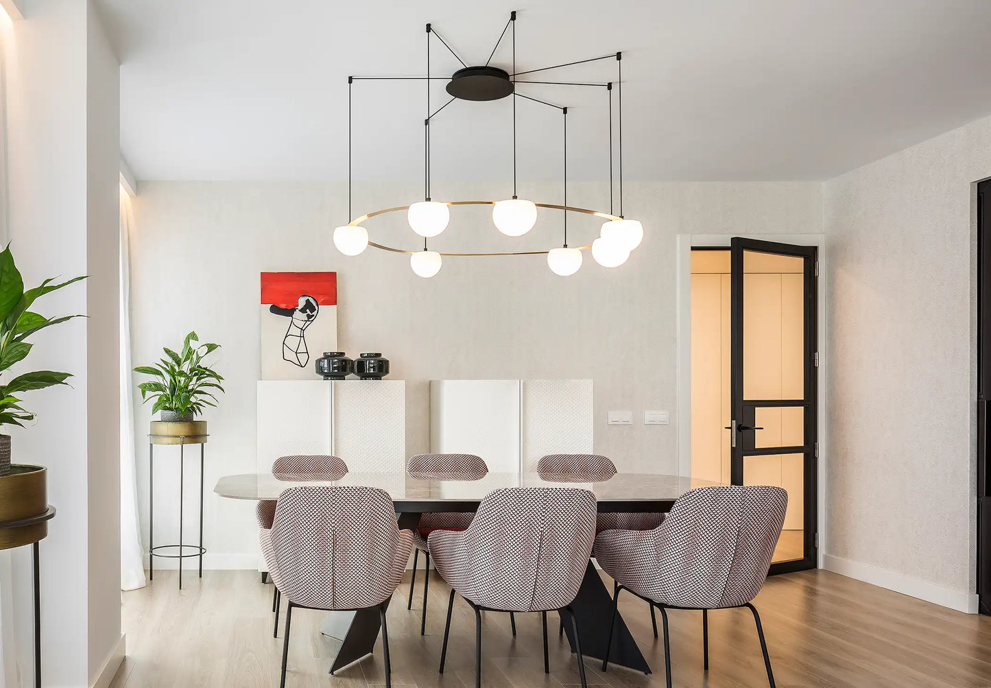 Circ Round Pendant, 7 Lights, White Glass with Gold Hardware, Surface Mount, LED, Triac Dim, IP20