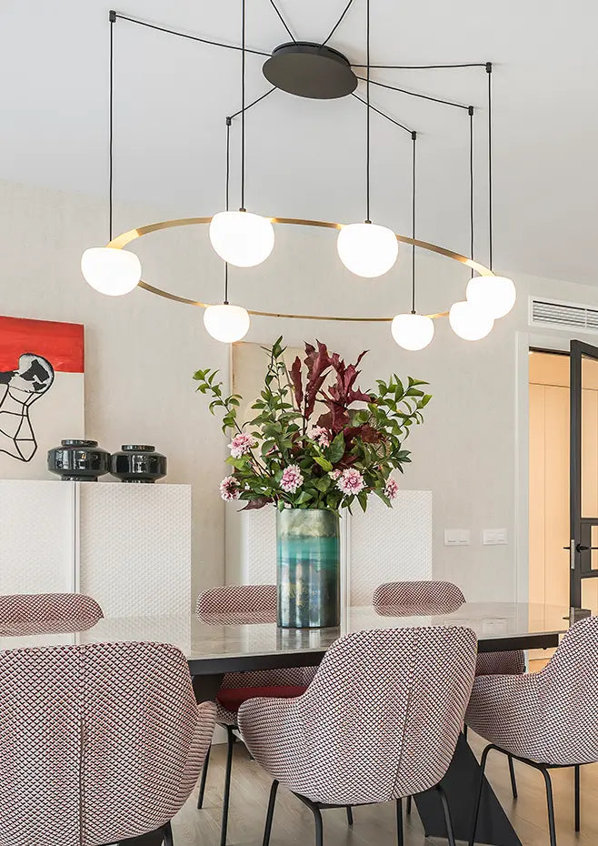 Circ Round Pendant, 7 Lights, White Glass with Gold Hardware, Surface Mount, LED, Triac Dim, IP20