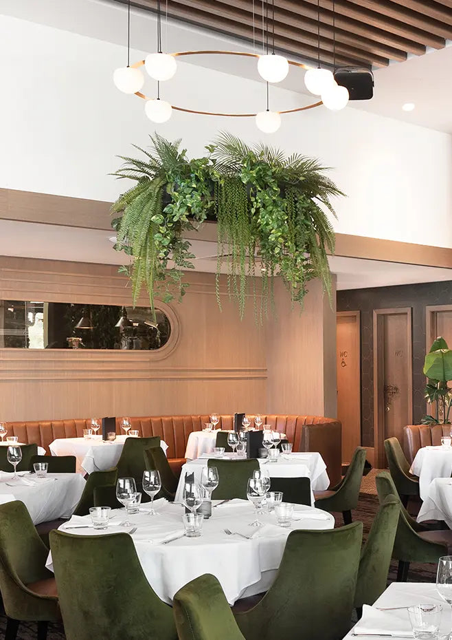 Circ Round Pendant, 7 Lights, White Glass with Gold Hardware and Faux Greenery, Surface Mount, LED, Triac Dim, IP20