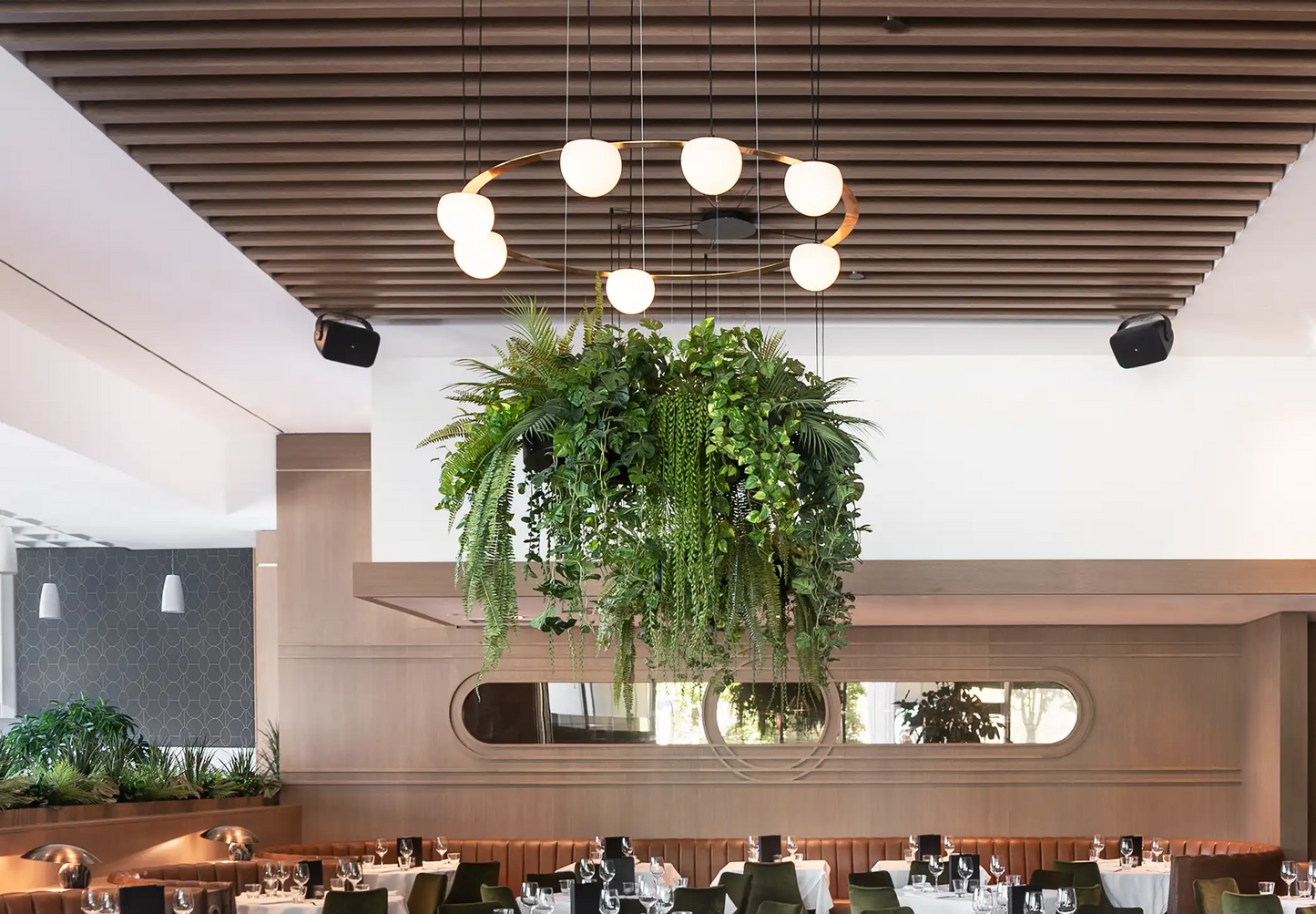 Circ Round Pendant, 7 Lights, White Glass with Gold Hardware and Faux Greenery, Recessed Mount, LED, Triac Dim, IP20