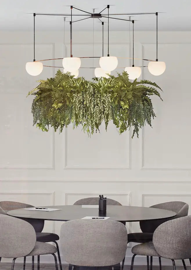 Circ Round Pendant, 7 Lights, White Glass with Gold Hardware and Faux Greenery, Surface Mount, LED, Triac Dim, IP20