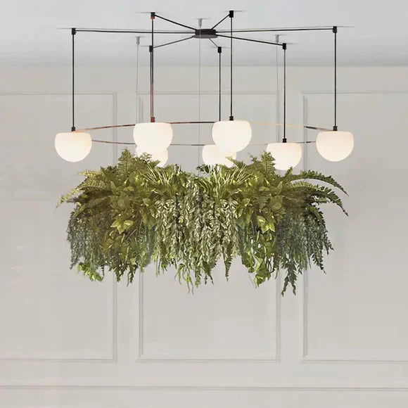 Circ Round Pendant, 7 Lights, White Glass with Gold Hardware and Faux Greenery, Surface Mount, LED, Triac Dim, IP20