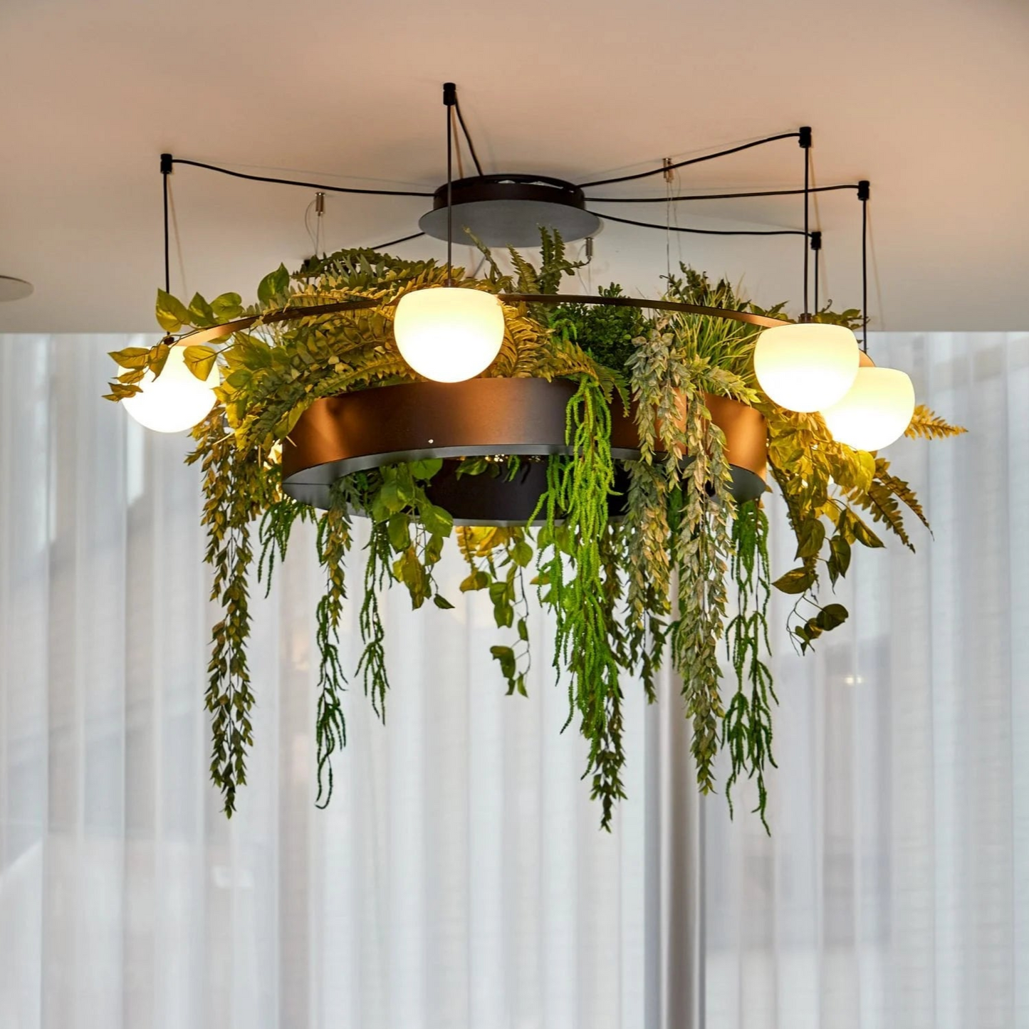 Circ Round Pendant, 7 Lights, White Glass with Black Hardware and Faux Greenery, Recessed Mount, LED, Triac Dim, IP20
