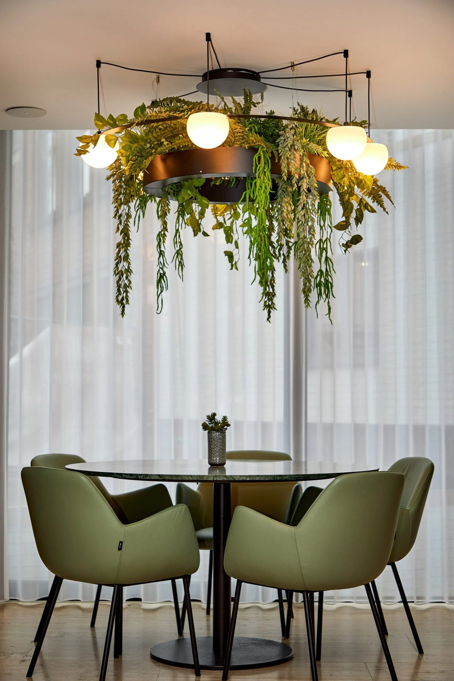 Circ Round Pendant, 7 Lights, White Glass with Gold Hardware and Faux Greenery, Surface Mount, LED, Triac Dim, IP20