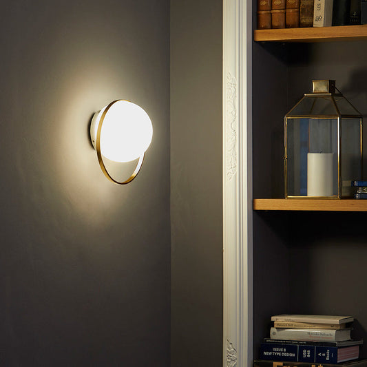 Circ Wall Light, White Glass with Gold Ring, LED, Triac Dim, IP20