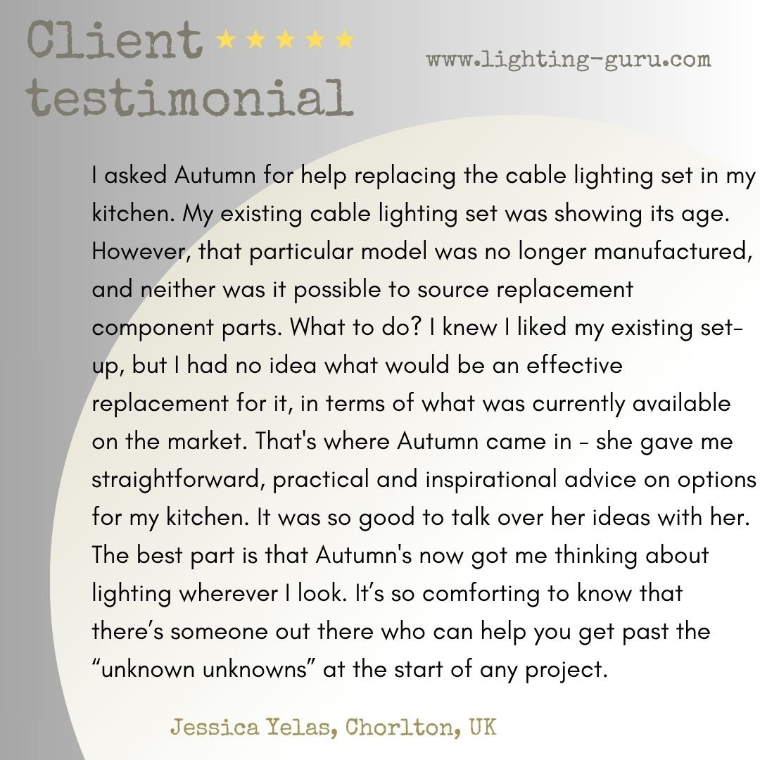 Client testimonial for lighting service on a gray background