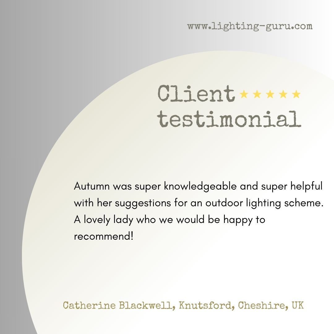 Client testimonial card with a gray background and white circle, featuring text about a lighting service.