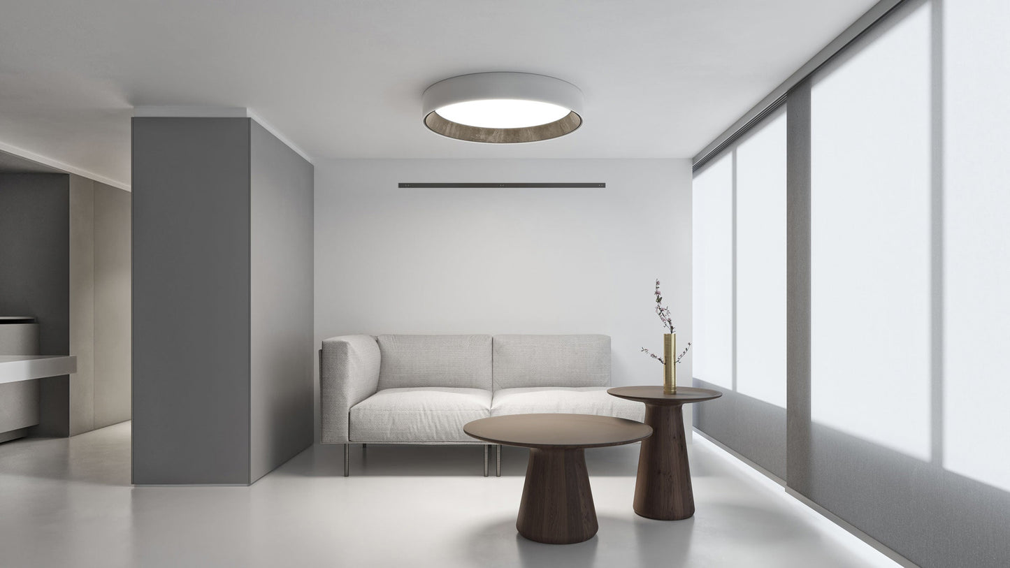Duo Ceiling, Round Flat Large, 78.5 cm ø, Graphite with Wood Interior, 50W, LED, Dim