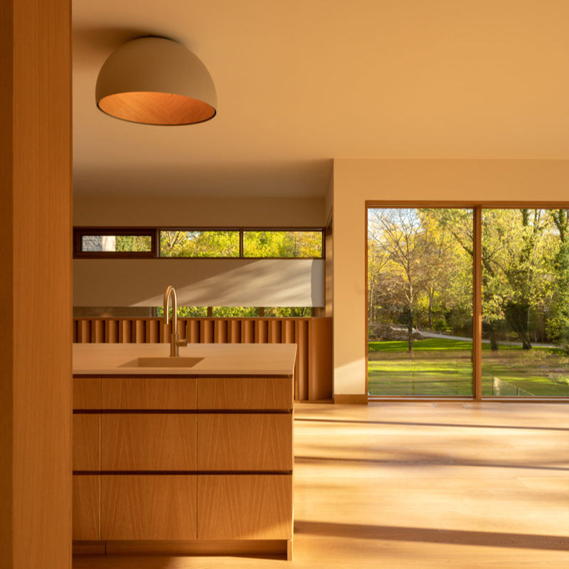 Duo Ceiling, Dome Tilted Large, 70 cm ø, Cream with Wood Interior, 26.5W, LED, Dim