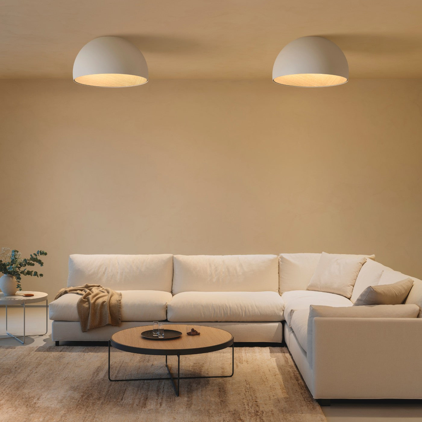 Duo Ceiling, Dome Tilted Small, 35 cm ø, White with Wood Interior, 12W, LED, Dim