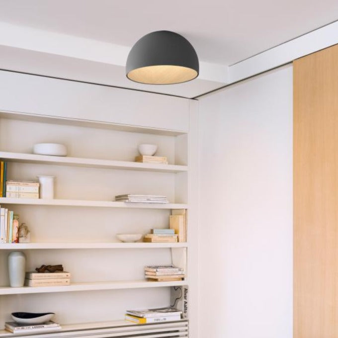 Duo Ceiling, Dome Tilted Small, 35 cm ø, White with Wood Interior, 12W, LED, Dim