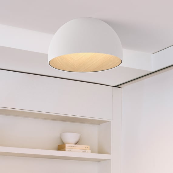 Duo Ceiling, Dome Tilted Large, 70 cm ø, Cream with Wood Interior, 26.5W, LED, Dim