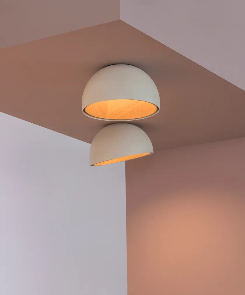 Duo Ceiling, Dome Tilted Large, 70 cm ø, Cream with Wood Interior, 26.5W, LED, Dim