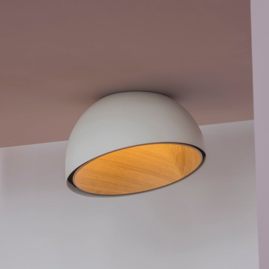 Duo Ceiling, Dome Tilted Large, 70 cm ø, Cream with Wood Interior, 26.5W, LED, Dim