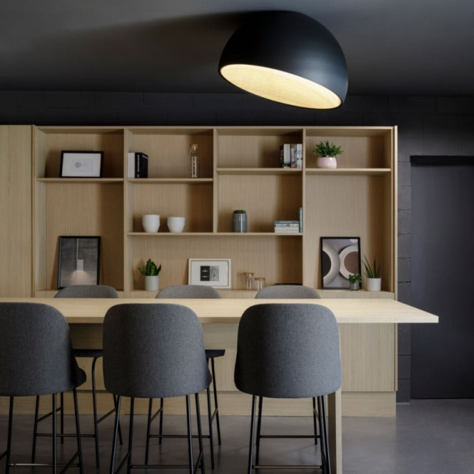 Duo Ceiling, Dome Tilted Large, 70 cm ø, Cream with Wood Interior, 26.5W, LED, Dim
