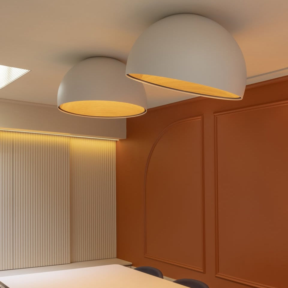 Duo Ceiling, Dome Straight Small, 35 cm ø, White with Wood Interior, 12W, LED, Dim