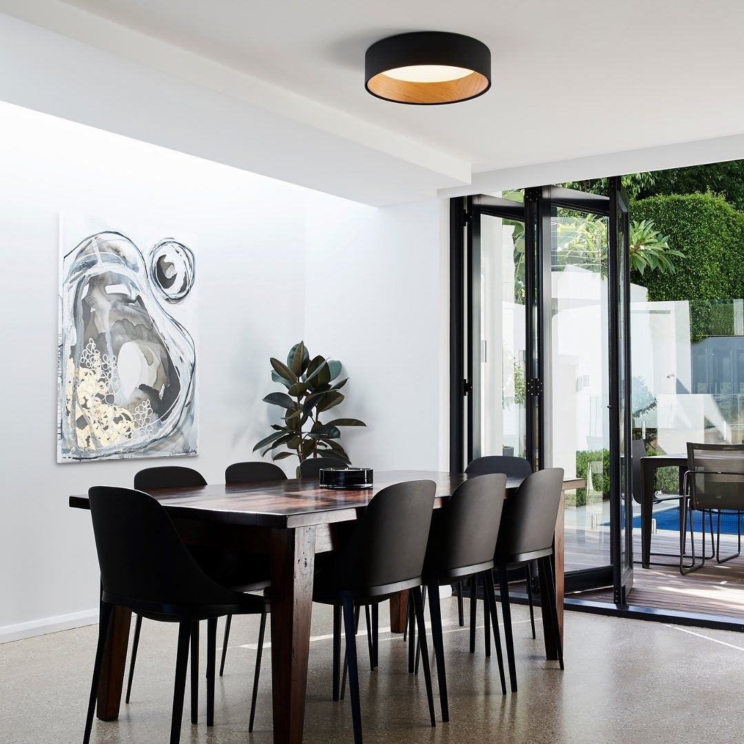 Duo Ceiling, Round Flat Small, 47.5 cm ø, Graphite with Wood Interior, 26.5W, LED, Dim