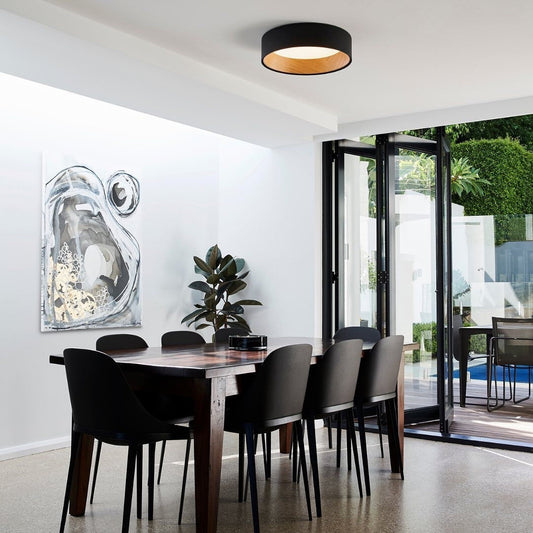 Duo Ceiling, Round Flat Small, 47.5 cm ø, Graphite with Wood Interior, 26.5W, LED, Dim
