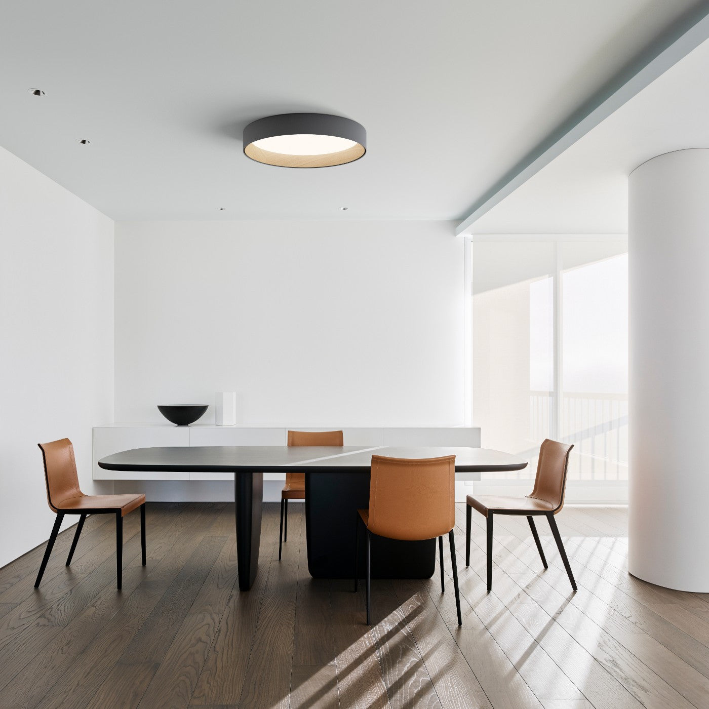 Duo Ceiling, Round Flat Small, 47.5 cm ø, Graphite with Wood Interior, 26.5W, LED, Dim