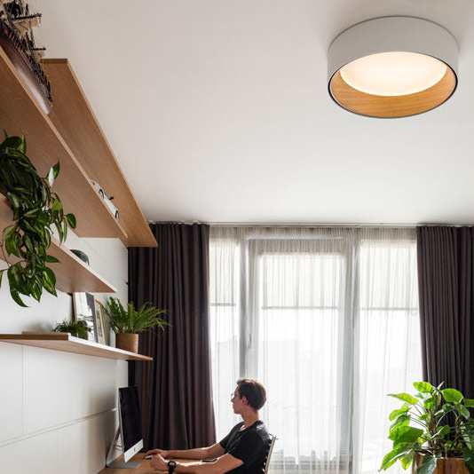 Duo Ceiling, Round Flat Small, 47.5 cm ø, Cream with Wood Interior, 26.5W, LED, Dim