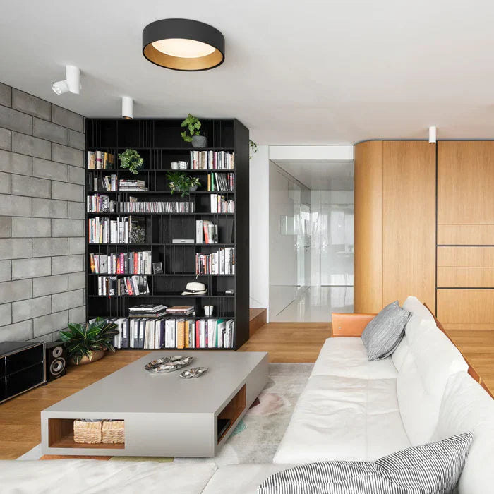 Duo Ceiling, Round Flat Small, 47.5 cm ø, Graphite with Wood Interior, 26.5W, LED, Dim