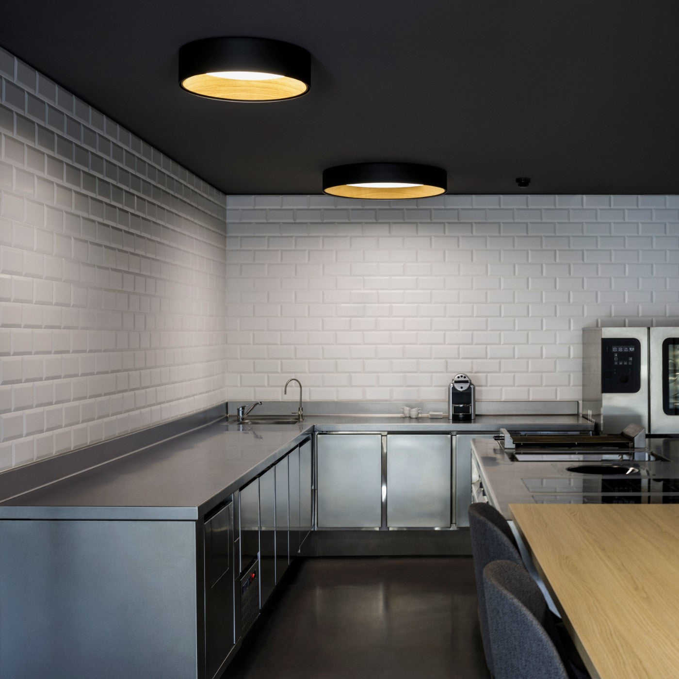 Duo Ceiling, Round Flat Large, 78.5 cm ø, Cream with Wood Interior, 50W, LED, Dim