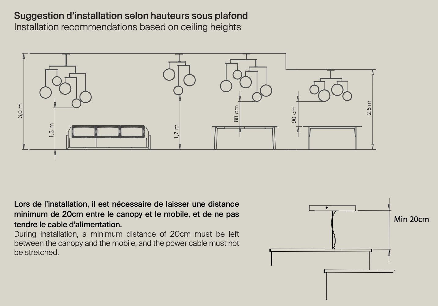 DCW Editions Focus pendant technical drawing height recommendations for installation.