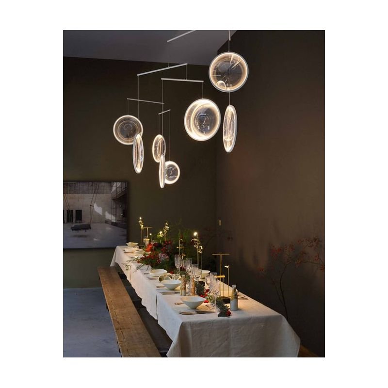 DCW Editions white Focus pendant over long table with cloth