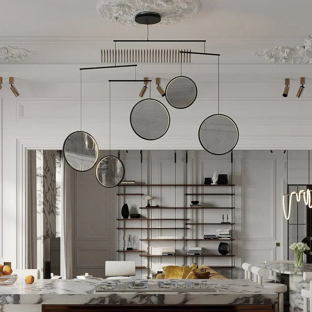 DCW Editions black Focus pendant with 5 circles over marble kitchen island